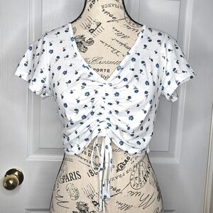NWOT SHEIN Ruched White Blue Floral Crop Top Women's Size S